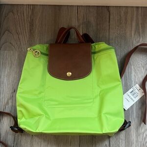 Longchamp Le Pilage Nylon Canvas Lime Green and Brown Backpack